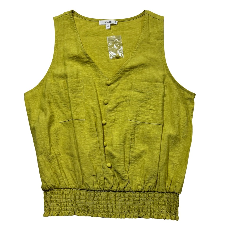 NWT E&M Chartreuse Green Smocked Hem Button Front Sleeveless Top Large #880‎
